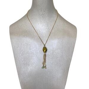 Lia Sophia Signed Necklace Chic Dainty Green Bead Gold Tone Tassel Pendant